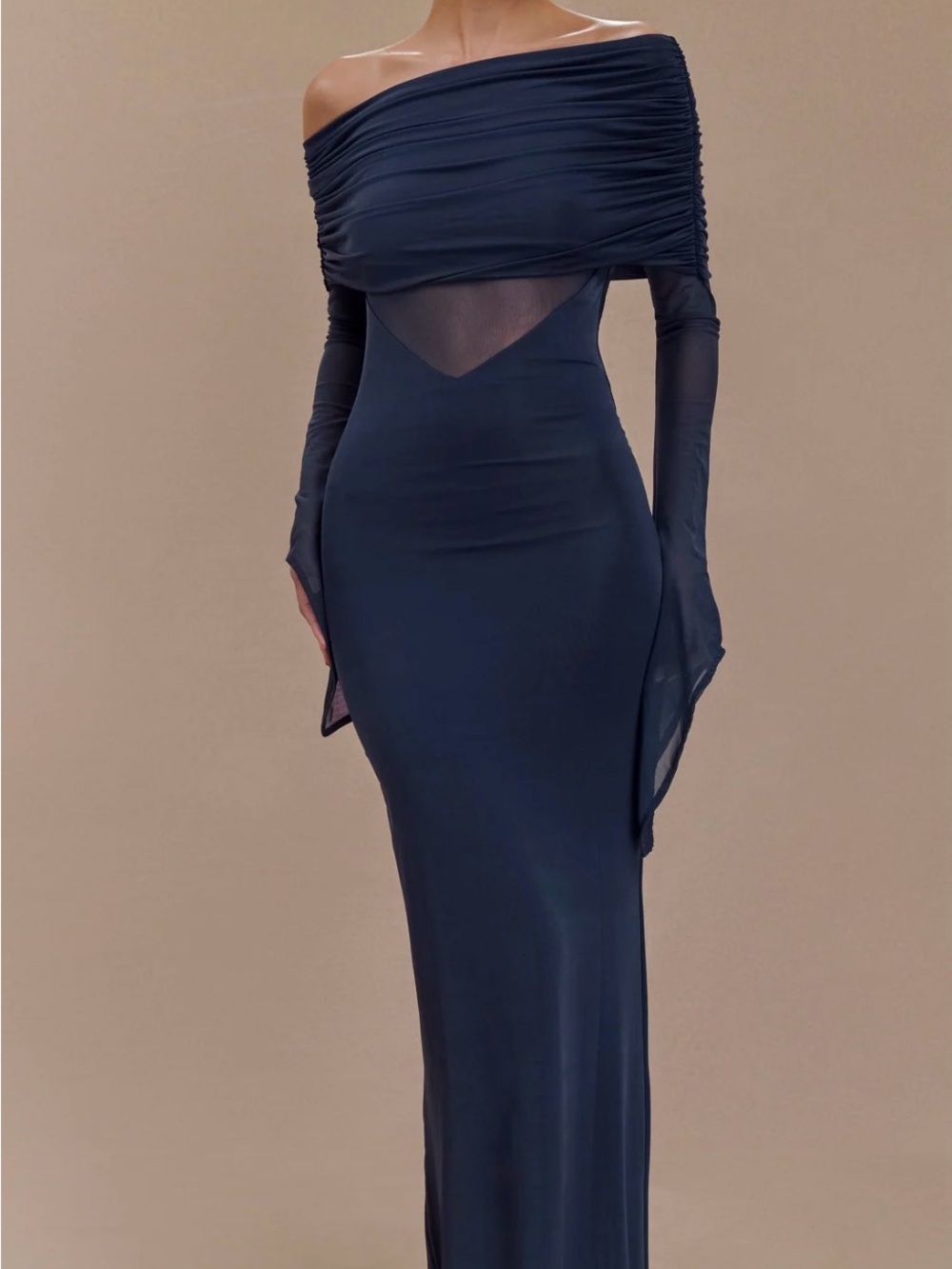 Meshki Navy Off-Shoulder Long Sleeve Evening Gown